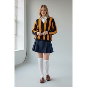 Vintage 80s 90s MEXX Preppy Navy Blue Orange Striped V-Neck Knit Cardigan Small